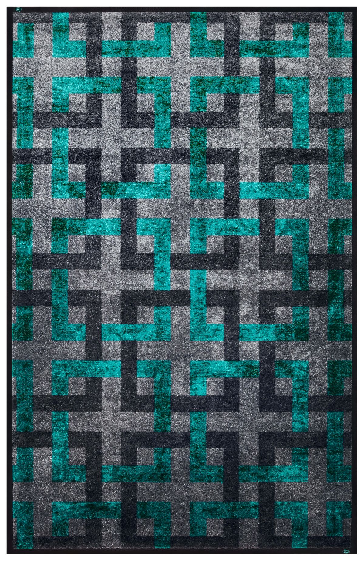 Teppich Piazza Verde in Grau und Türkis mit einem Muster aus Quadraten