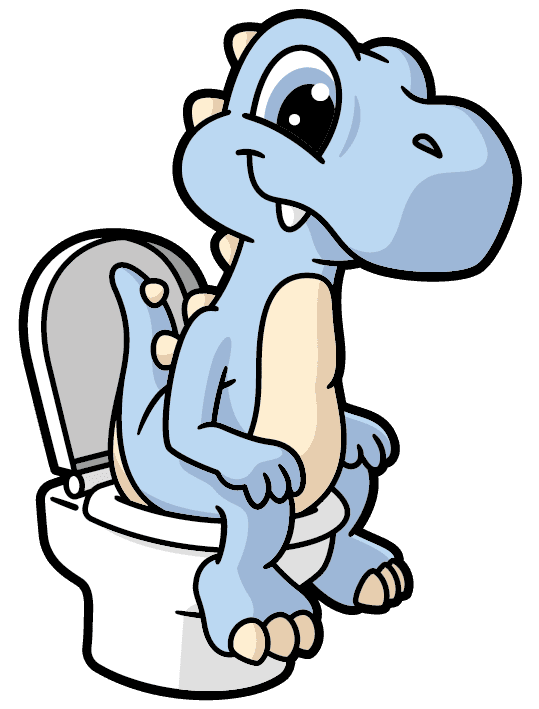 Cleany Diny zit op een toilet